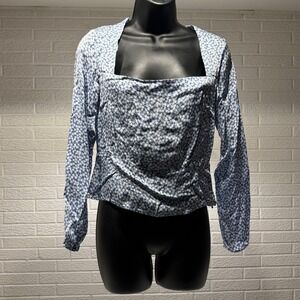 HM Blue Floral Long Sleeve Square Neck Cinched Blouse Top